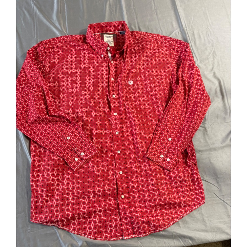 Panhandle Rough Stock Mens XXL Red Geometric Print Western Snap Button Shirt